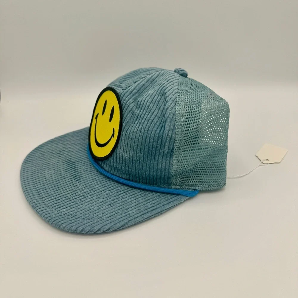 Aviator Nation Blue Corduroy Trucker Hat with Yellow Smiley Patch
